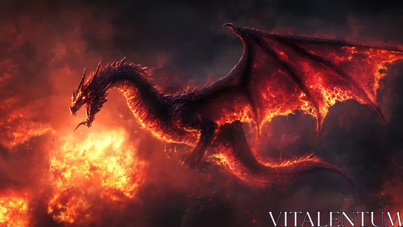 Fiery dragon silhouette emerging from dense burning clouds.