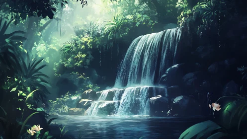 Multi-Tiered Cascading Waterfall Through Dense Tropical Canopy with Layered Water Flow