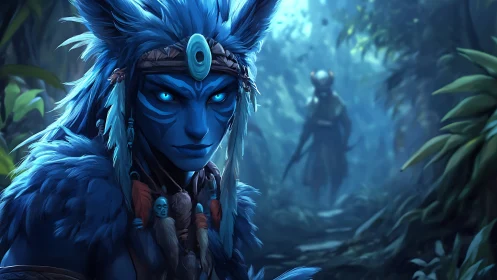 Blue forest sentinel with glowing eyes in misted jungle.