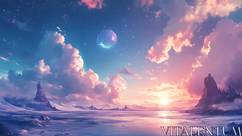 Celestial dawn over crystalline alien seas of quiet wonder.