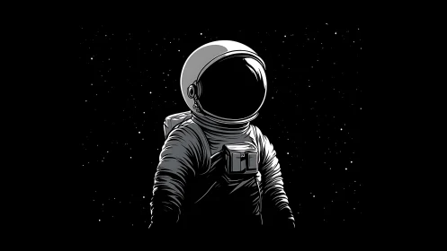 Monochrome astronaut illustration in deep space negative field.