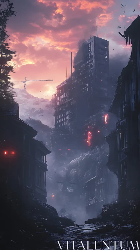 Post-apocalyptic street facing ruined tower at dusk.