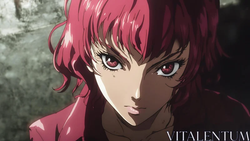 Red-haired anime character stares forward under hard lighting