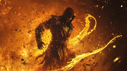 Hooded fire mage emerging from molten inferno swirl.