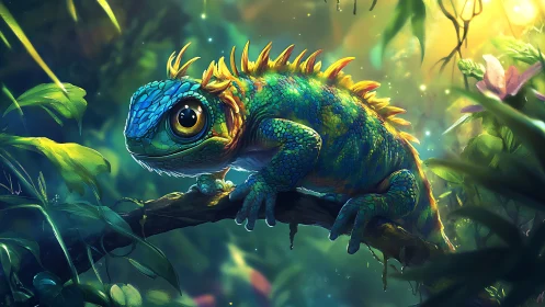 Bioluminescent reptile on branch in dense jungle environment.