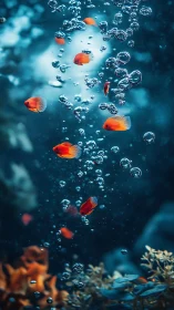 Small orange fish and rising air bubbles occupy vertical frame