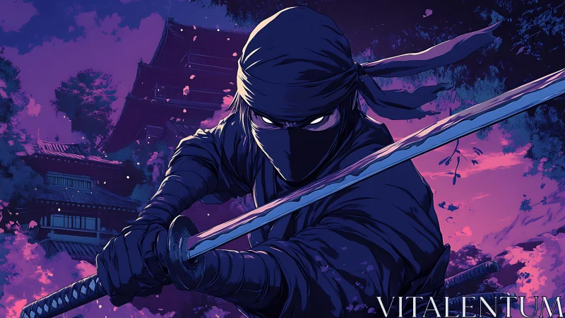 Midnight ninja warrior poised with katana in neon dusk.