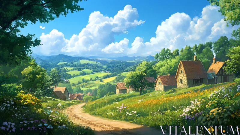 Sunny country lane winding through a peaceful hill village.