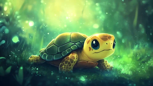 Tiny forest turtle glows softly in a dreamy emerald world.