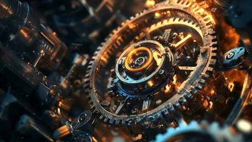 Gleaming clockwork heart amid glowing mechanical wonders.