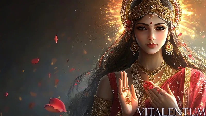 Radiant goddess in red saree amid drifting rose petals.