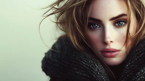 Winter gaze wrapped in charcoal wool and quiet electricity.