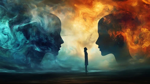 Dual ethereal faces framing solitary figure in swirling mists.