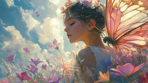 Girl with butterfly wings in bright flower meadow scene.