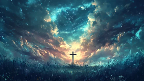 Solitary cross in field beneath dense, luminous night sky.