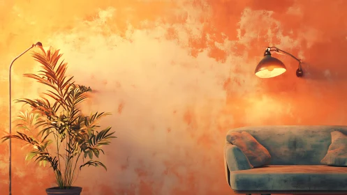 Mid century styled living room shows plant, sofa and lamps