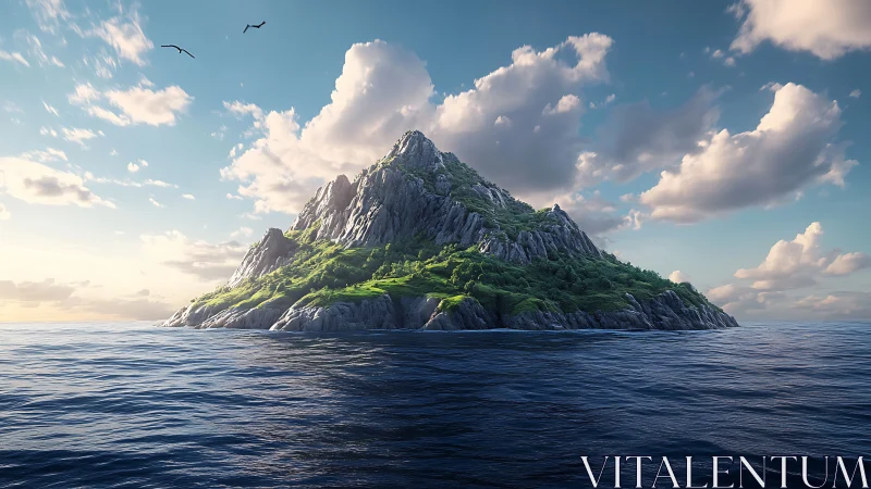 Majestic Island Mountain Rises from Sparkling Blue Ocean Waters