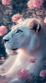 White lion rests in dreamy rose garden at twilight