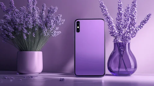 Lavender glow around a sleek purple smartphone still life.