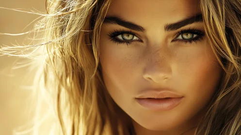 Photorealistic beauty portrait with sunlit close-up detailing.