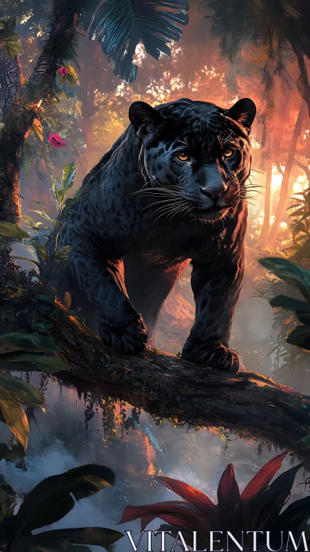 Midnight panther stalks misty jungle branch in rim light.