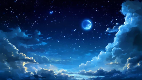 Moonlit starfield above glowing clouds in deep blue sky.