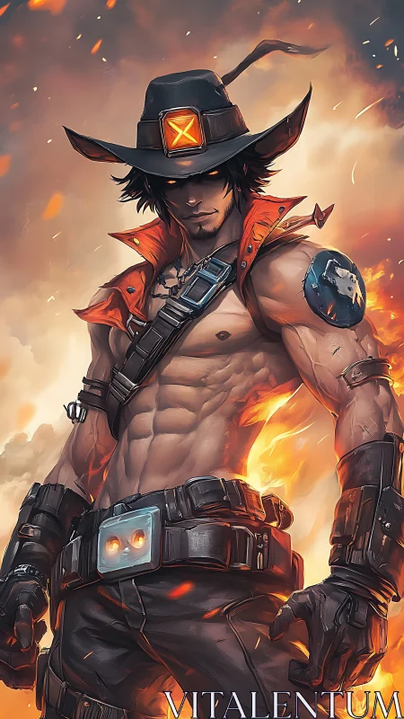 Flameborn gunslinger with cyber belt in blazing embers.