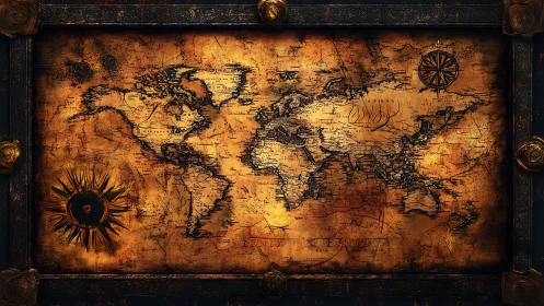 Antique-style world map with ornate frame and compasses.