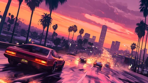 Retro sports car racing through neon sunset boulevard.
