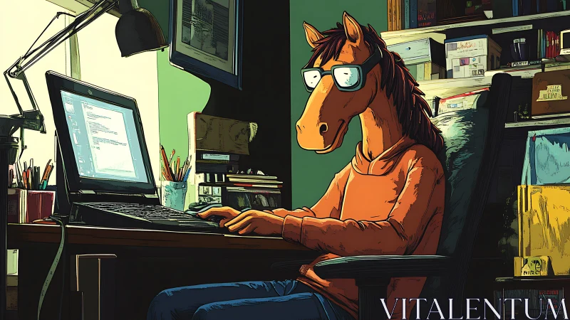 Horse-headed coder in a cozy, cluttered studio nook.