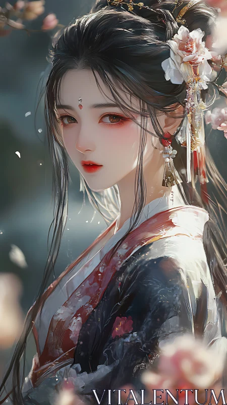 Blossom-eyed court maiden in drifting spring light.