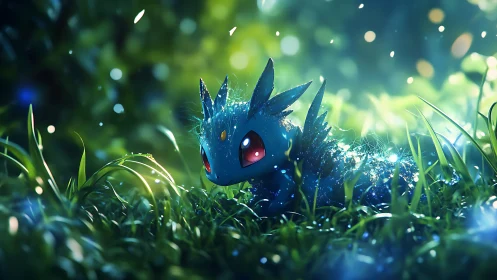 Glowing blue creature resting in dewy forest grass at dusk.