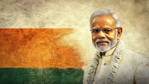 Portrait of Indian political leader before flag background.