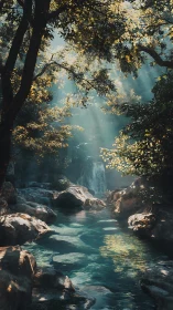 Secluded Forest Stream with Golden Canopy Glow.