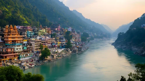 Colorful riverside town with temples along mountain gorge.