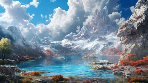 Snowcapped peaks embrace a turquoise alpine lake in crisp light