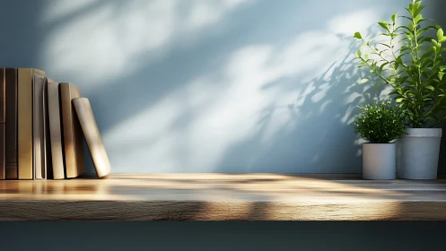 Minimalist wooden shelf with books and sunlit houseplants.