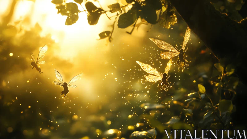 Backlit woodland fairies rendered in luminous golden haze