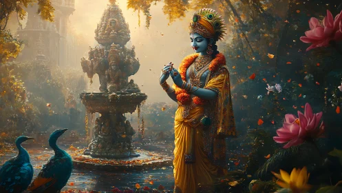 Deity figure in ornate garden with fountain and peacocks.