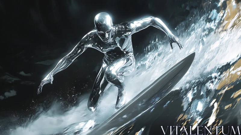 Chrome humanoid surfer carves luminous wave in darkness
