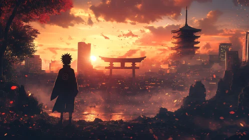 Lone cloaked figure observes sunset over neo-traditional city