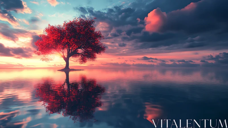 Solitary crimson tree resting in a dreamy sunset mirror.