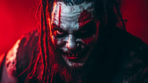 Bloodlit demon jester grinning through crimson shadows.