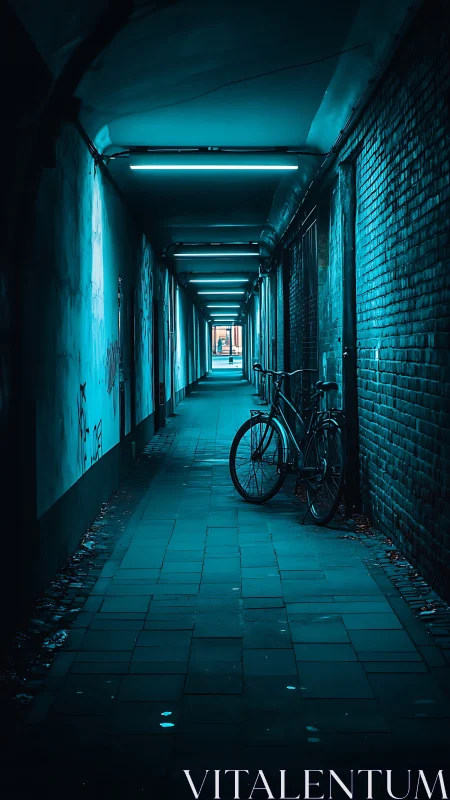 Neon Tunnel Passage. Cyan Lights Illuminate Narrow Urban Corridor.
