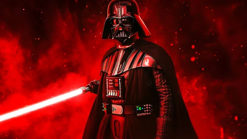 Armored sci fi warrior in red backlit haze with glowing blade