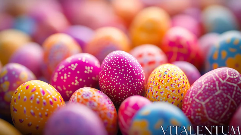Colorful speckled Easter eggs glow in soft festive light.
