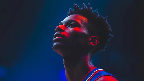 Basketball player in colored arena lighting at close range.