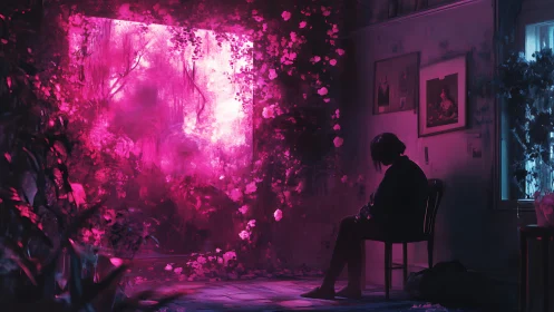 Silhouetted figure before neon botanical portal in moody room.