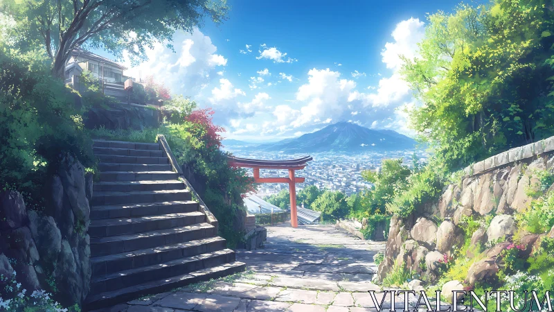 Sunlit shrine path overlooking a distant mountain cityscape.