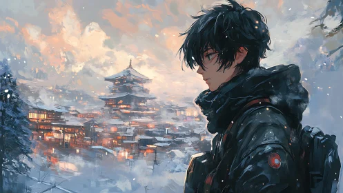 Snowlit wanderer above lantern-bright mountain town.
